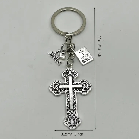 NEW! Beautiful Silver Cross With Bible And " I ❤️ JESUS" Charm Keychain. NWT - Picture 2 of 2